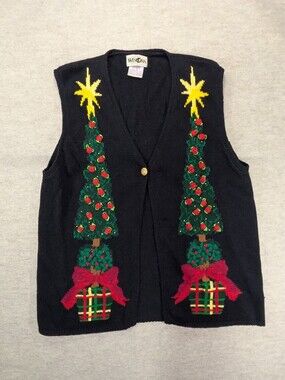 Vintage Christmas Tree Sleeveless Cardigan Holiday Jacquard Knit Oversized Med